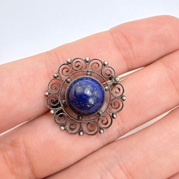 VTG Silver Tone Lapis Lazuli Bezel Set Scroll Design Brooch Size 1" Length - Picture 5 of 7
